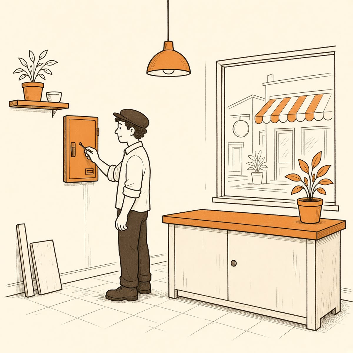 Line drawing of a worker checking a breaker panel in a small shop.