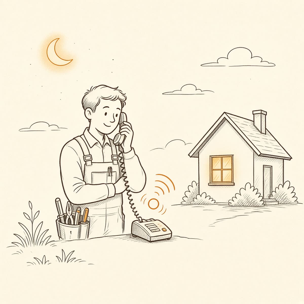 Line drawing of a worker answering a phone beside a house at night.