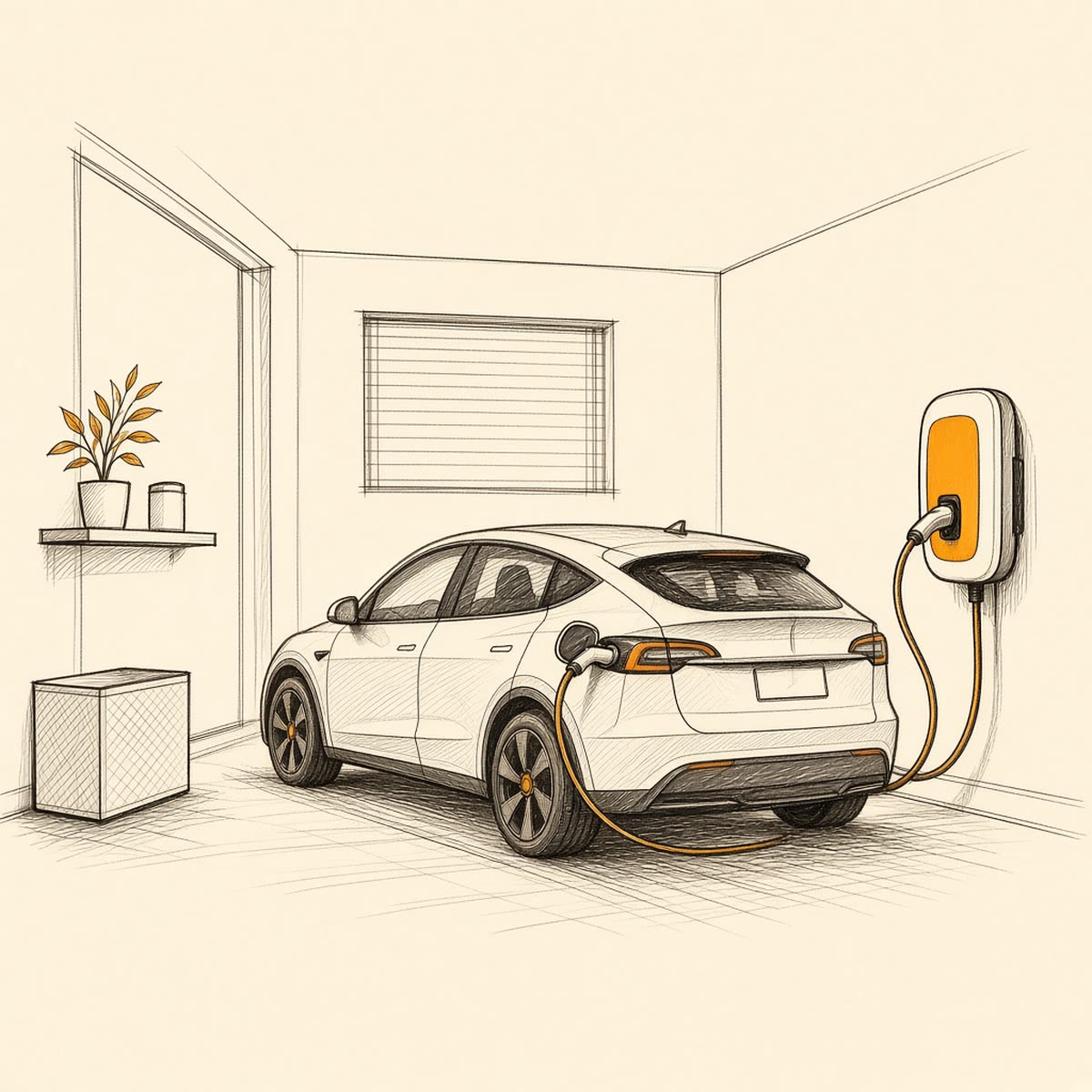 Line drawing of an electric car charging at a wall charger in a garage.