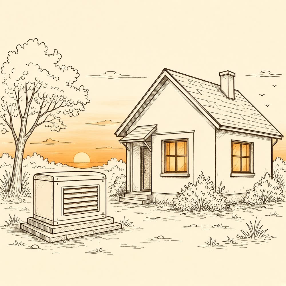Line drawing of a standby generator beside a house with its lights on.