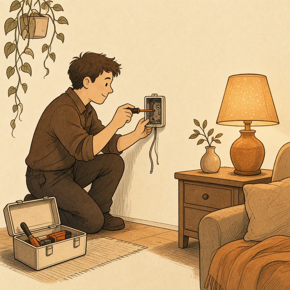 Line drawing of a worker fitting a wall switch beside a glowing lamp.