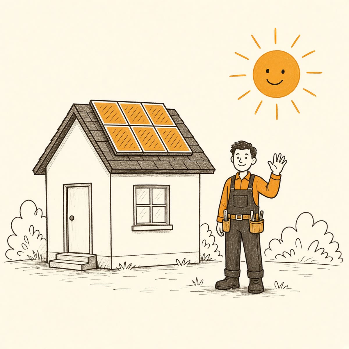 Line drawing of a worker beside a house with rooftop solar panels under the sun.