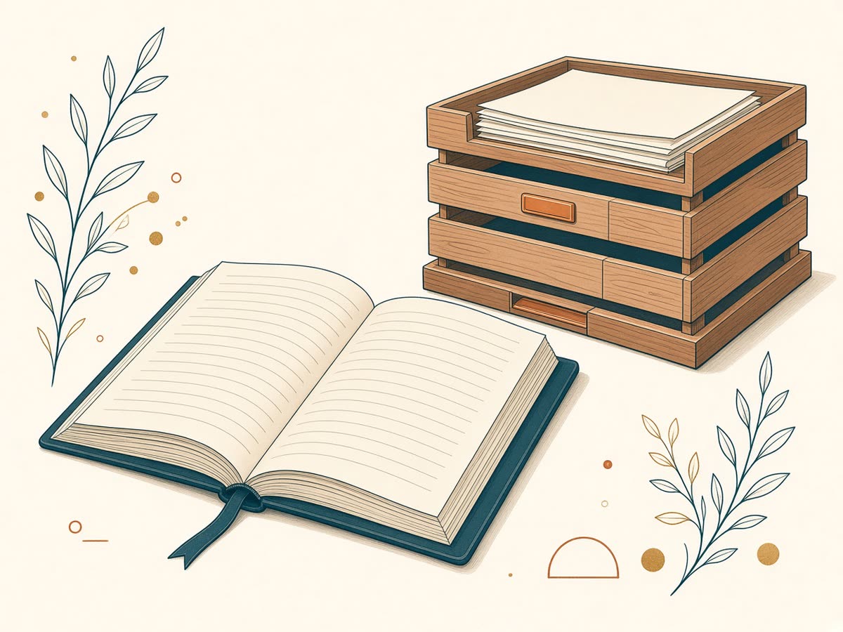 Editorial line drawing of a bound journal and a stacked paper tray