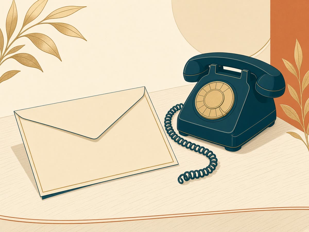 Editorial line drawing of an IRS envelope on a desk with a telephone