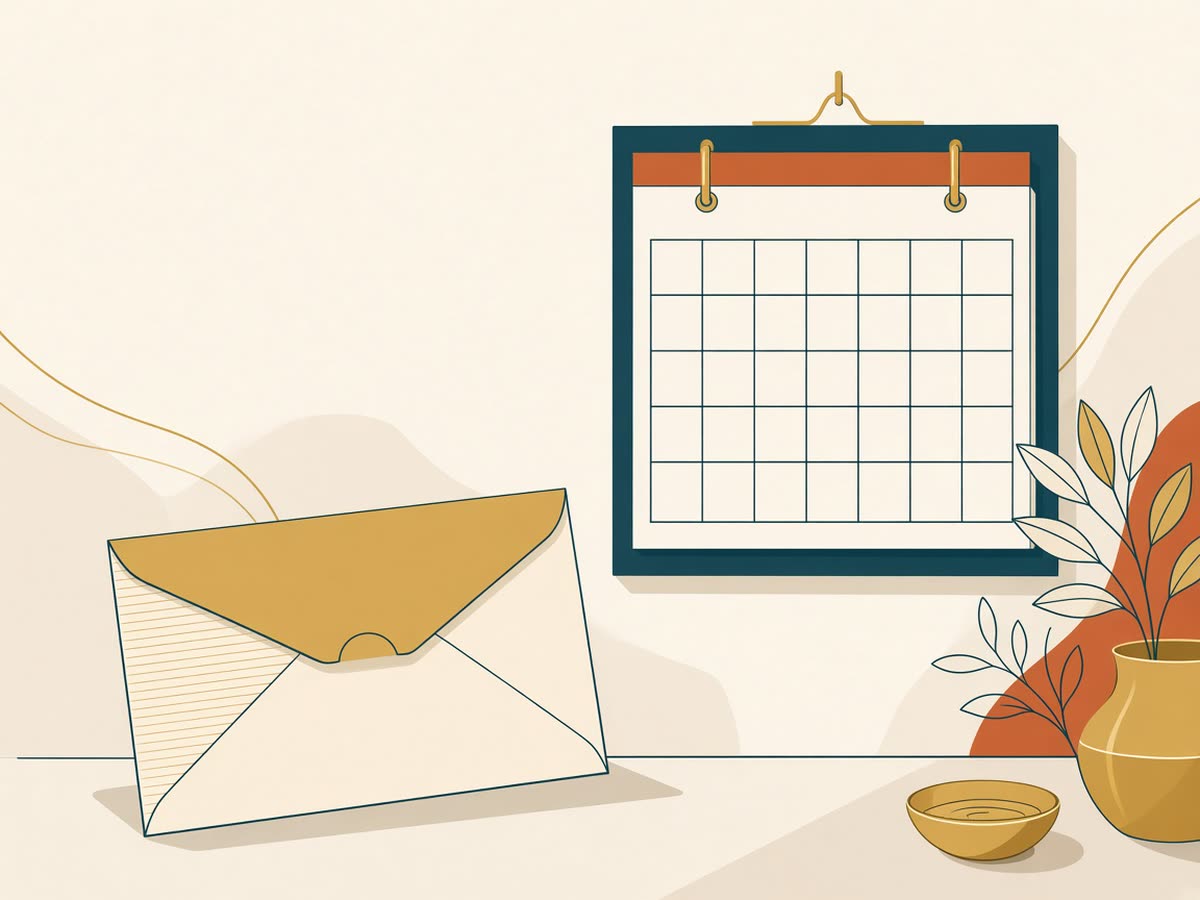 Editorial line drawing of a paystub and a wall calendar