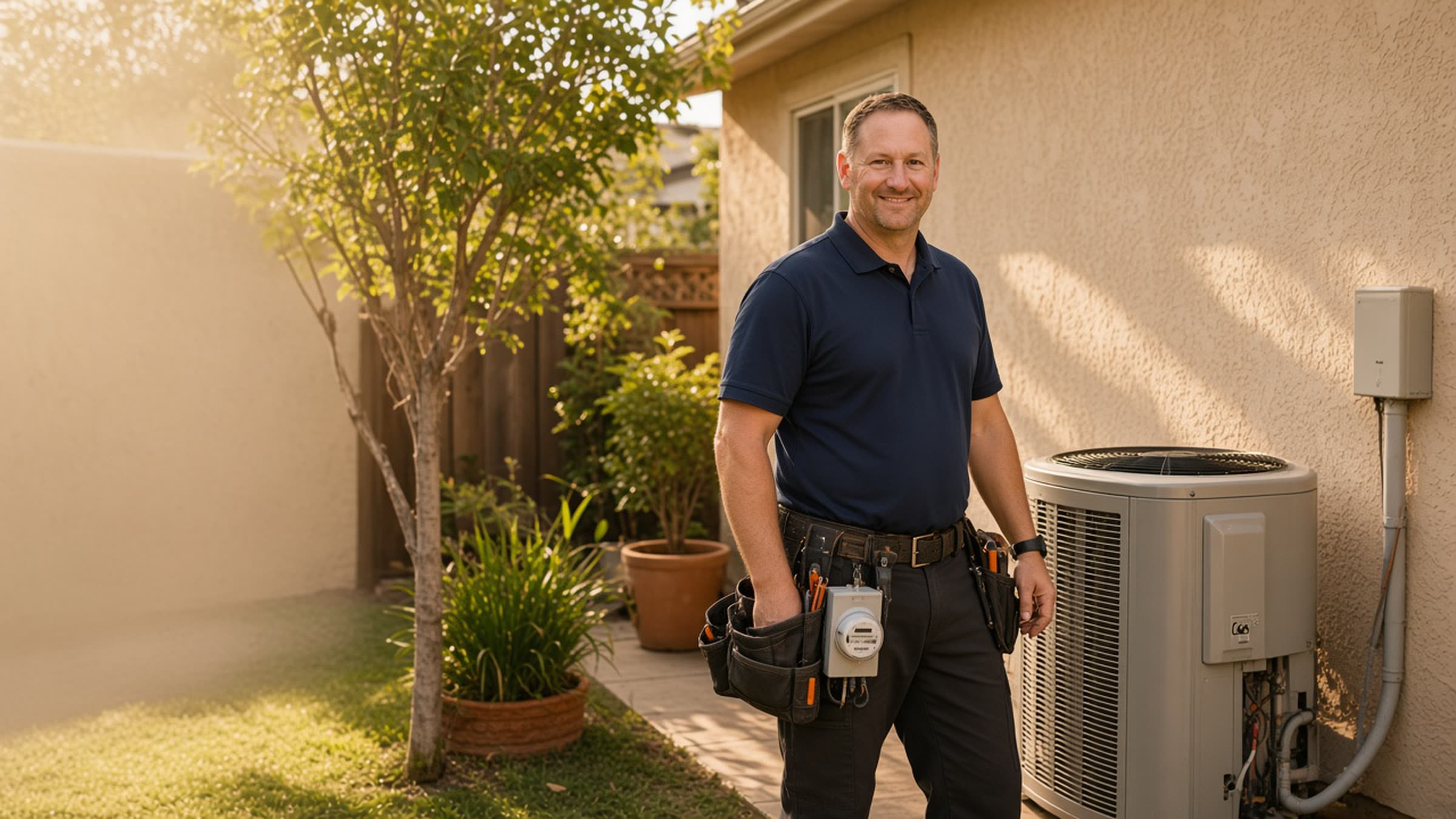 Electrician Michael Olson smiling beside a closed residential condenser and a finished home exterior in La Crescenta.