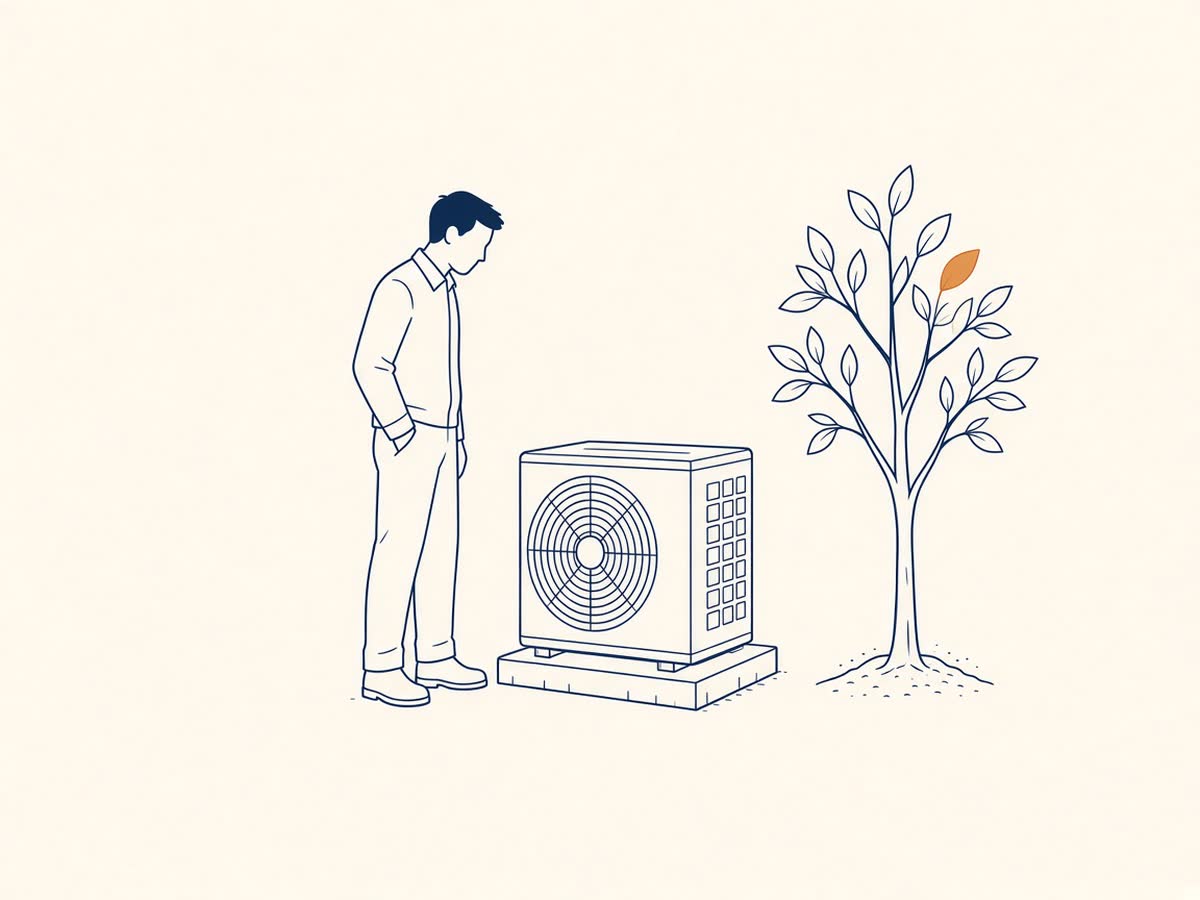 Line drawing of a technician beside a closed outdoor condenser unit.
