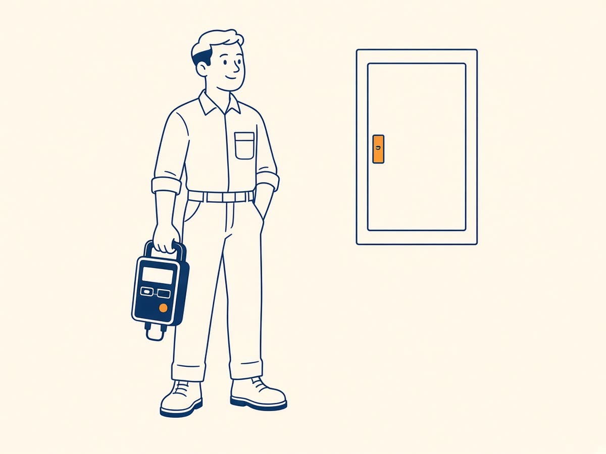 Line drawing of an electrician beside a closed panel with a carried meter.