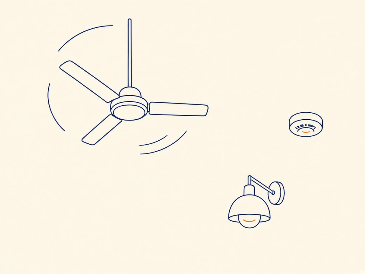 Line drawing of a ceiling fan and a wall light with a small smoke alarm.
