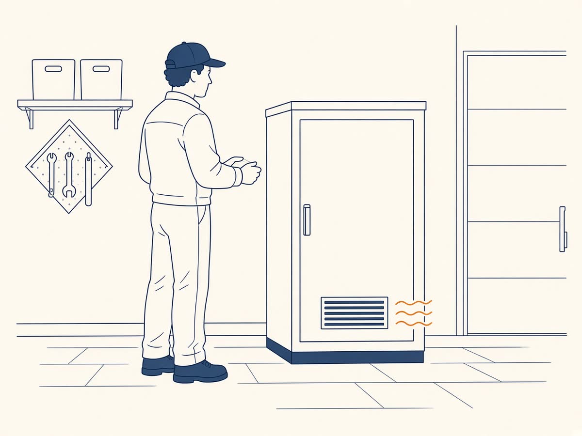 Line drawing of a technician beside a closed furnace cabinet in a tidy garage.