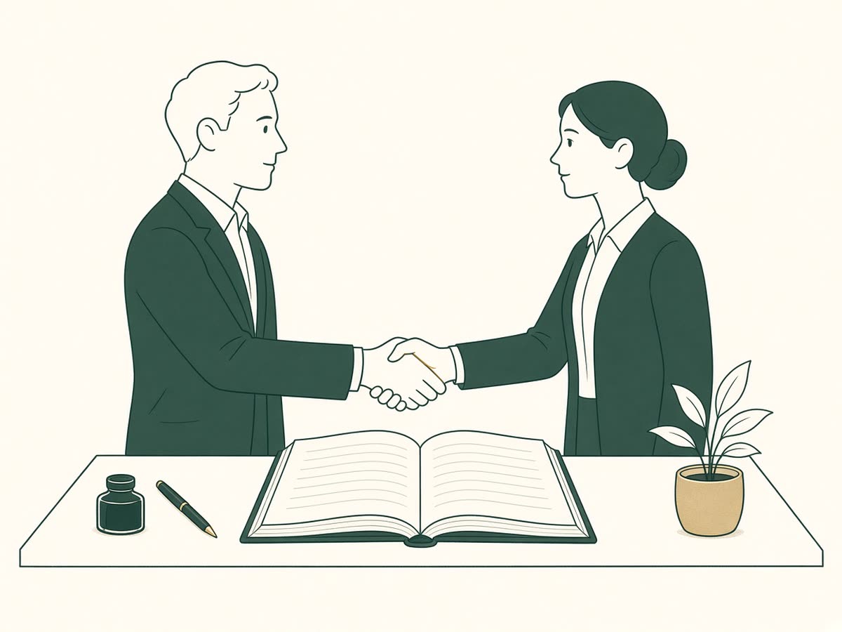 Line drawing of two people shaking hands across a ledger.