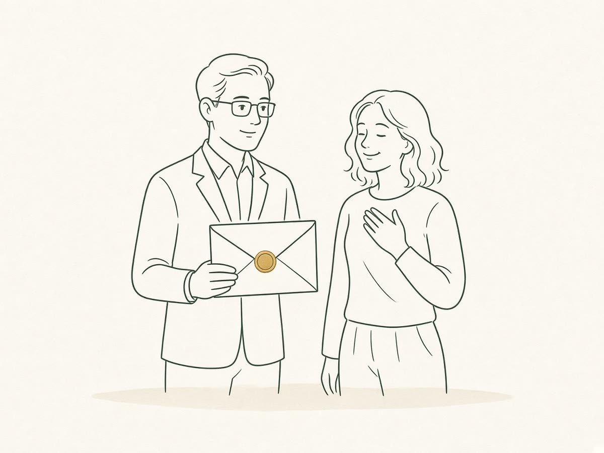 Line drawing of a CPA holding a letter, standing beside a client.