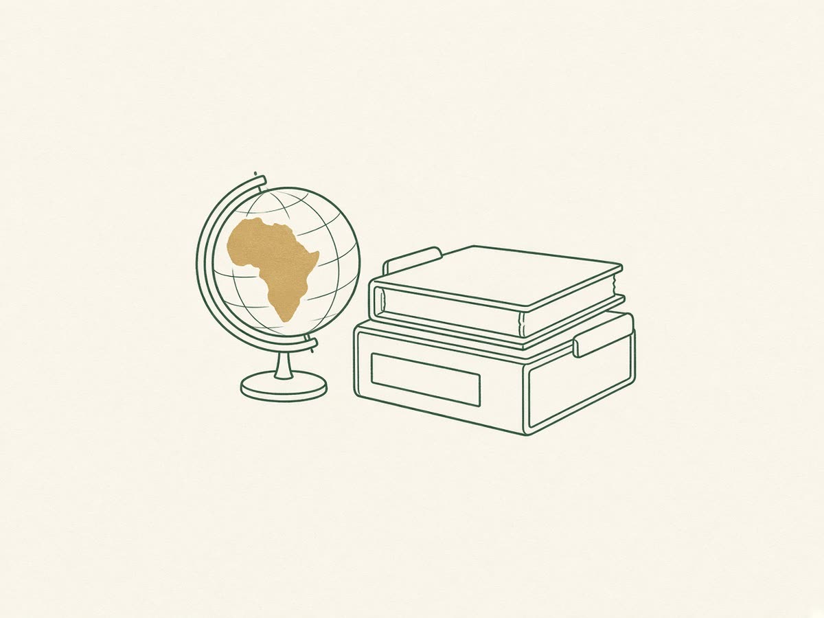 Line drawing of a small globe beside stacked state tax forms.
