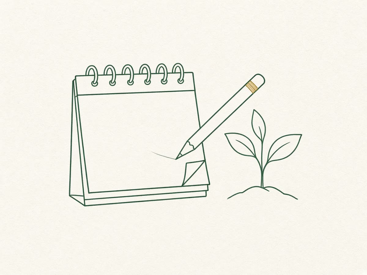 Line drawing of a calendar with a pencil marking year-end notes.