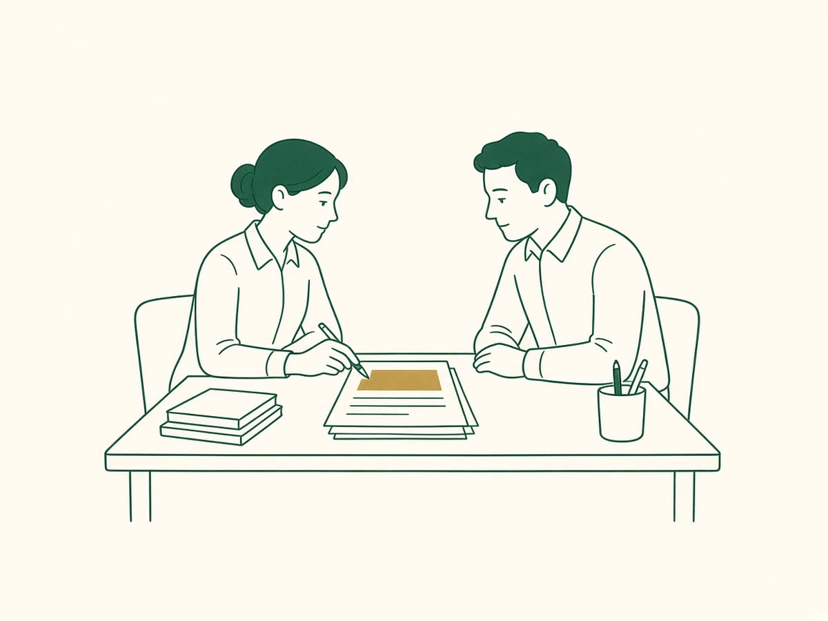Line drawing of a CPA reviewing a tax return with a client at a desk.