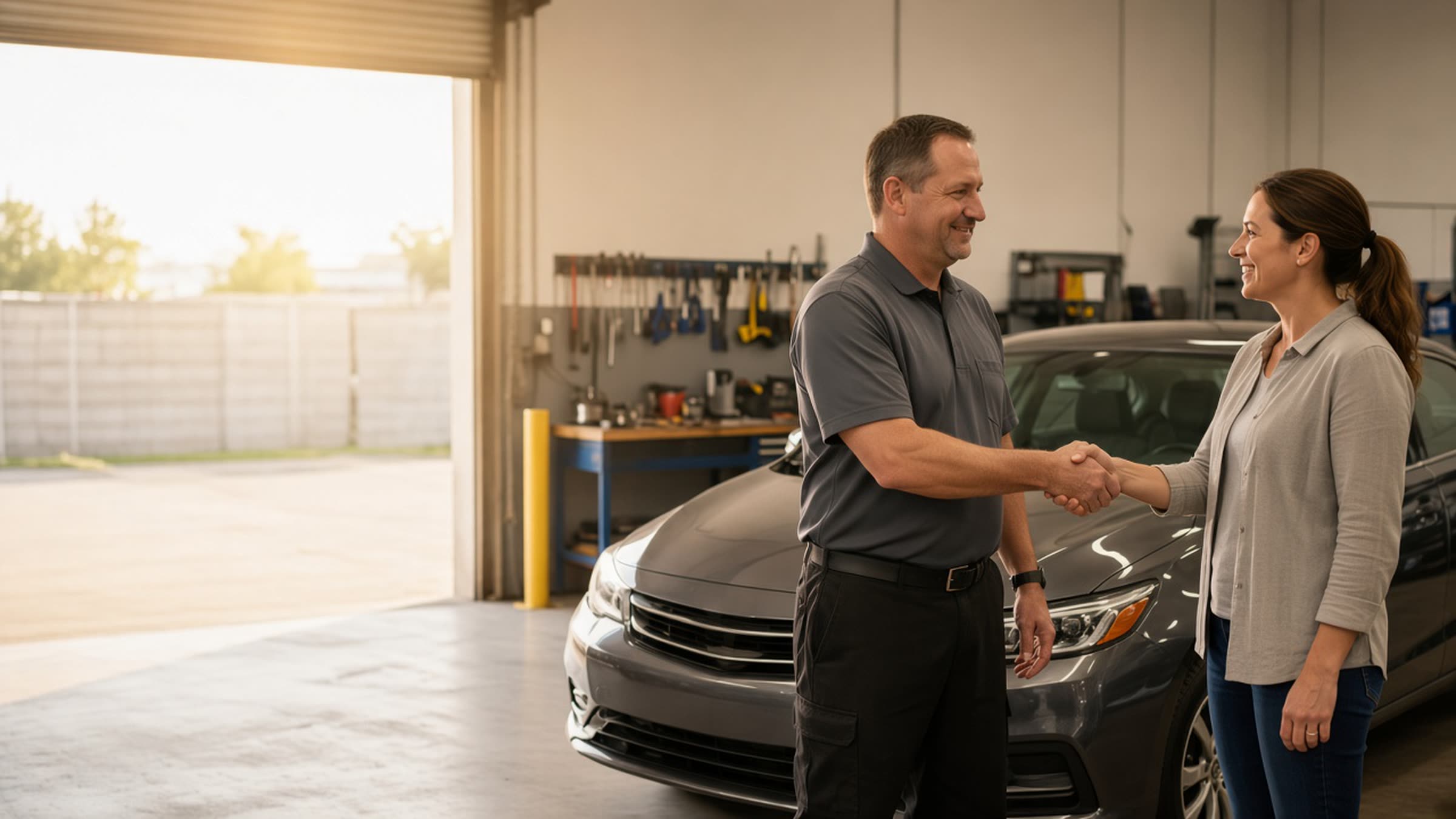 Technician shaking hands with a customer beside a repaired sedan inside an auto body shop