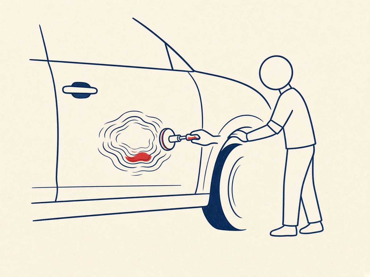 Flat illustration of a car door with a dent being smoothed