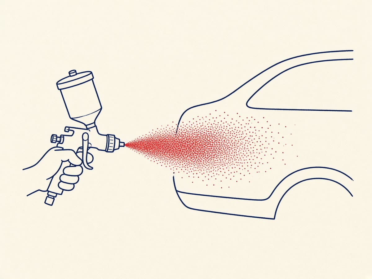 Flat illustration of a spray gun painting a car panel
