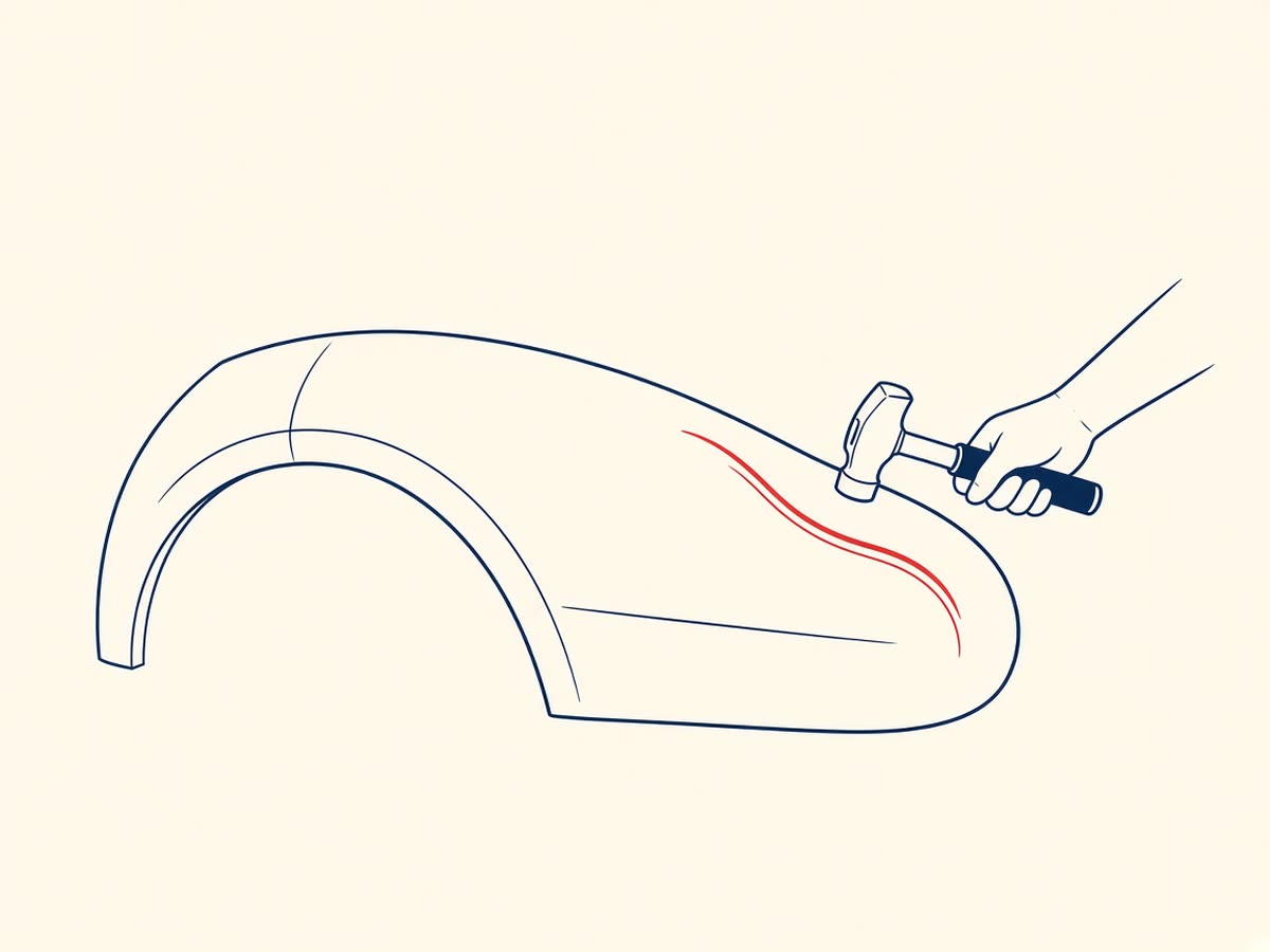 Flat illustration of a car fender being straightened with hand tools