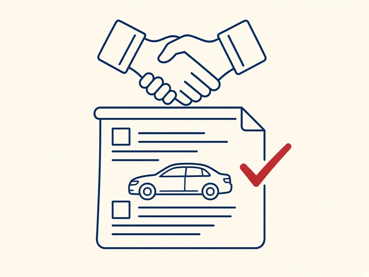 Flat illustration of a claim form with a car and a handshake