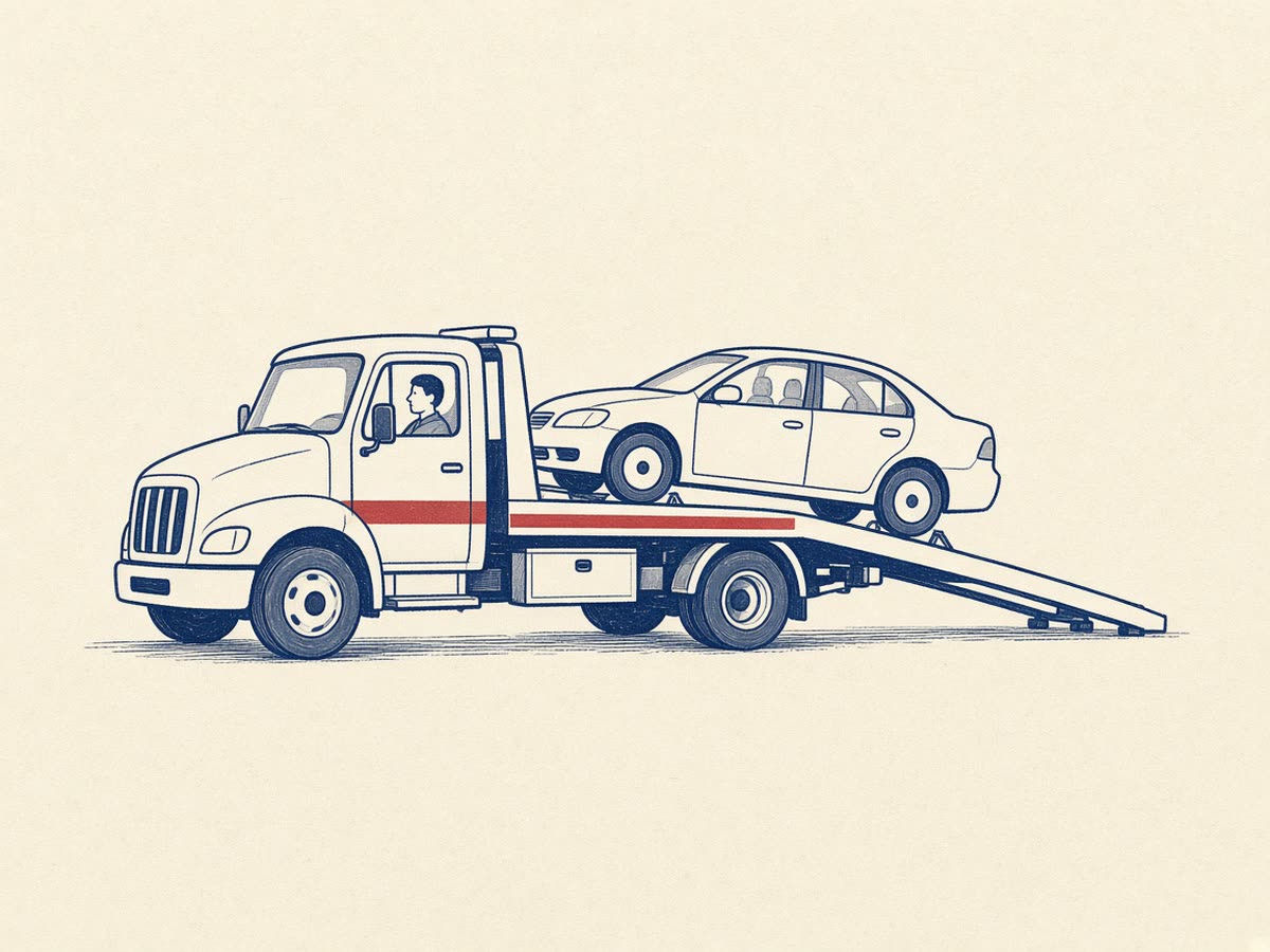 Flat illustration of a tow truck pulling a sedan