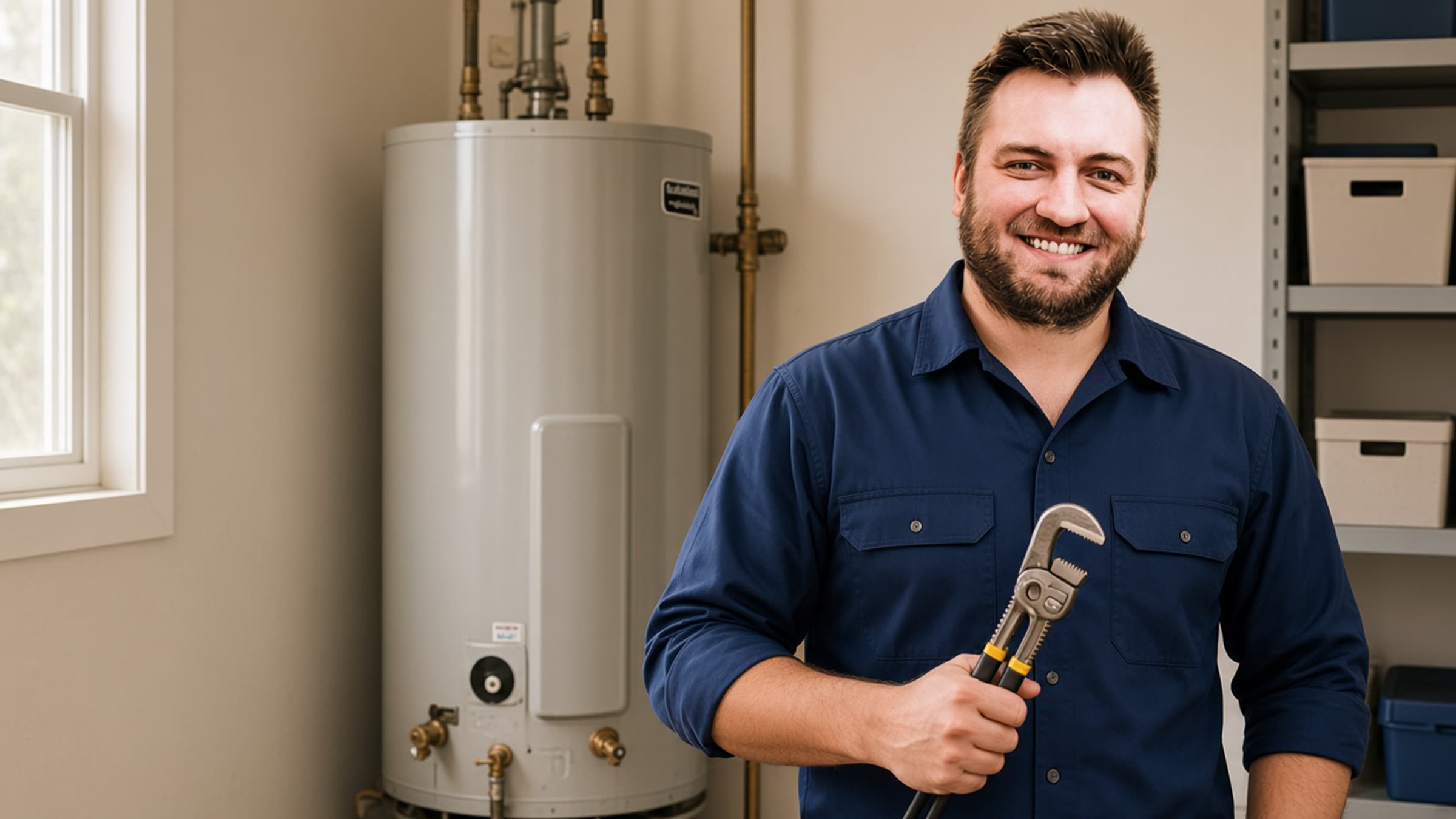 PRC technician in a work shirt smiling beside a closed commercial water heater in a Burbank mechanical room.