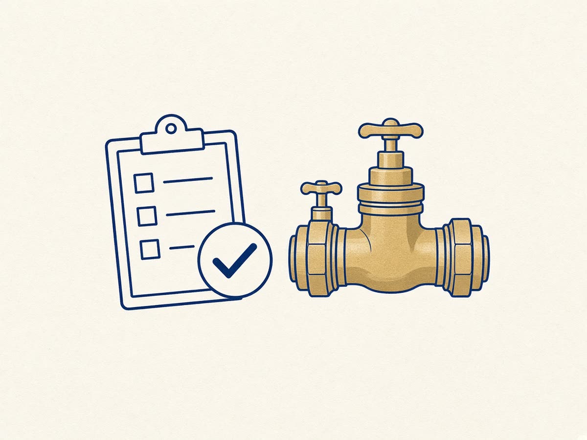 Line drawing of a clipboard with a checkmark beside a backflow valve.