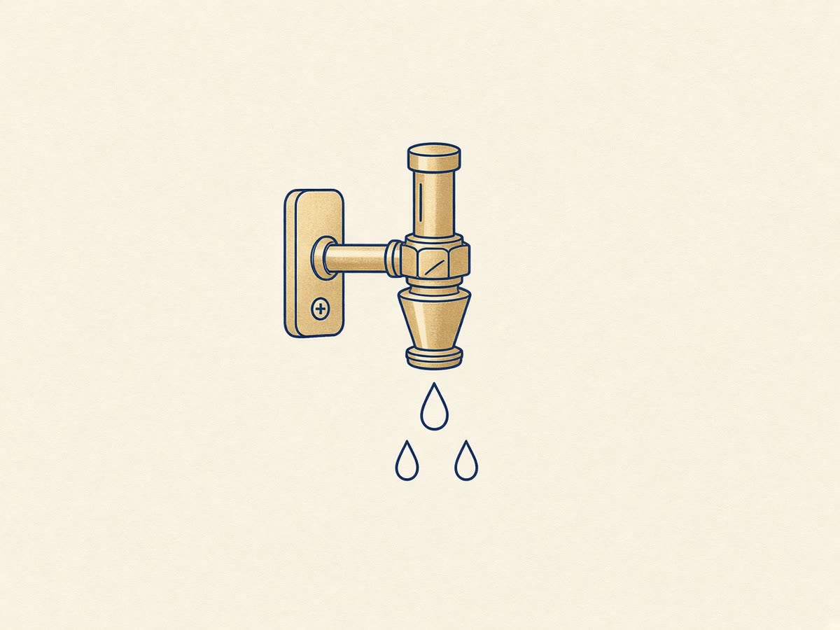 Line drawing of a wall-mounted fire sprinkler head with water drops.