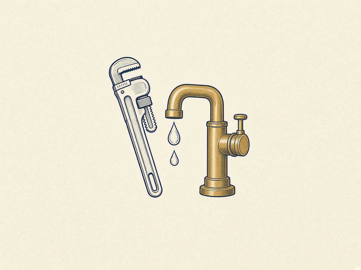 Line drawing of a wrench beside a running faucet.