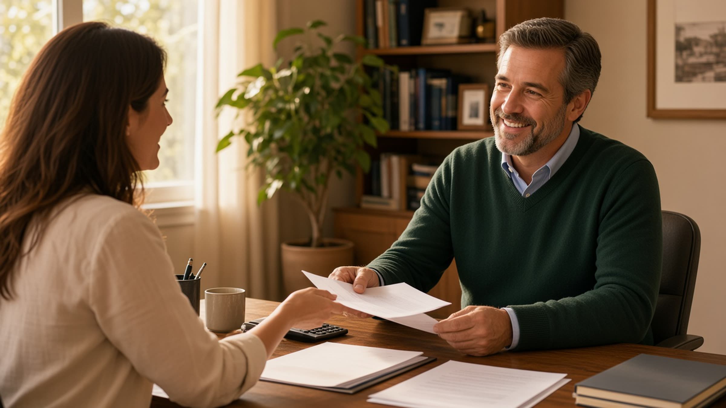 Accountant greeting a client in a bright West Los Angeles office.
