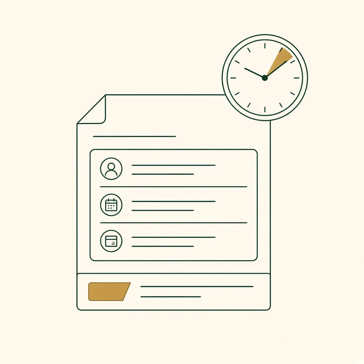 Line drawing of a paycheck with a clock.