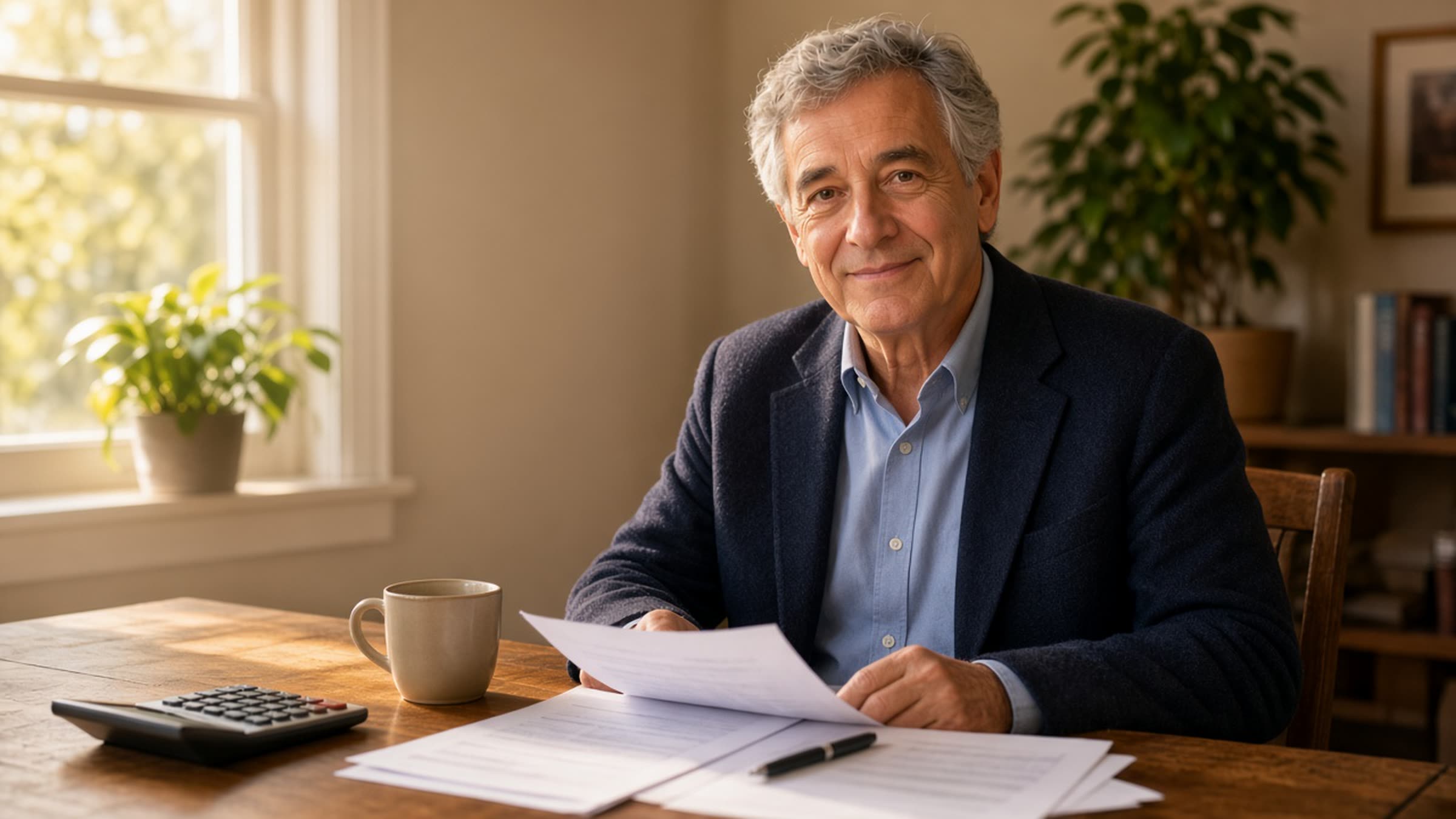 A CPA reviewing a finished tax return with a small business owner in a warm Sherman Oaks office.