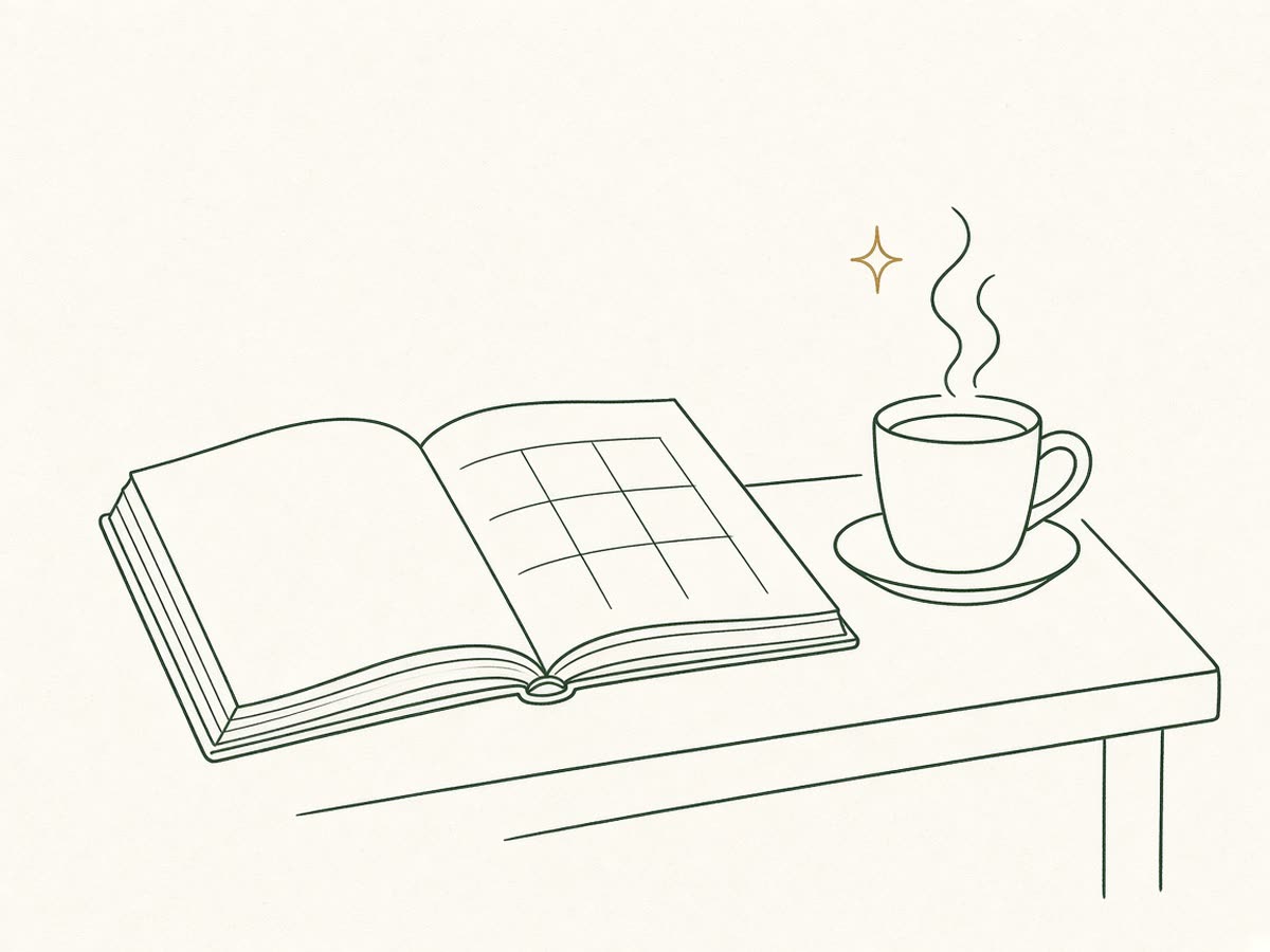 Line drawing of a ledger book with a coffee cup beside it.