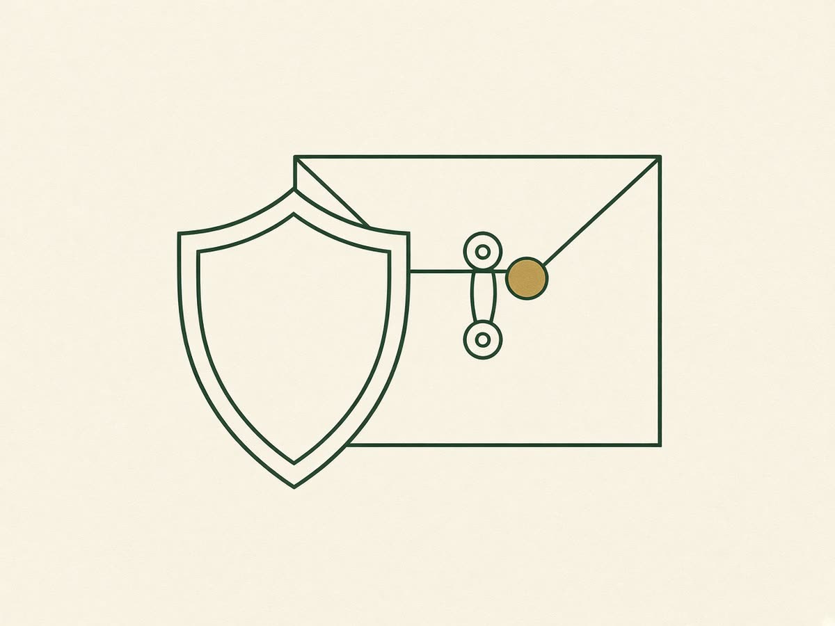 Line drawing of a shield in front of an official letter.