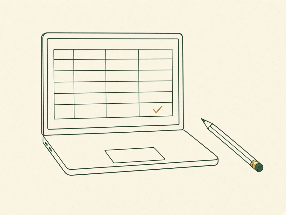 Line drawing of a laptop showing a simple bookkeeping screen.