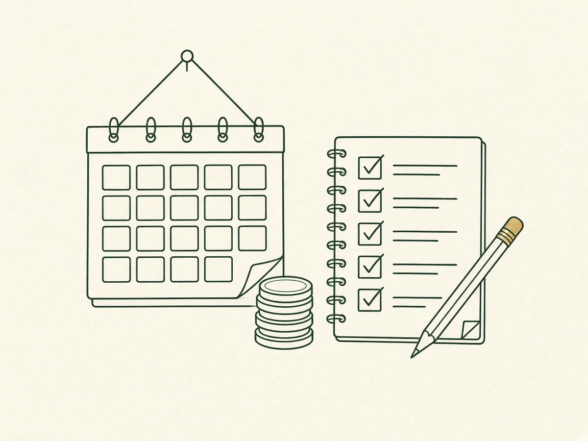 Line drawing of a calendar and a coin stack beside a planning checklist.