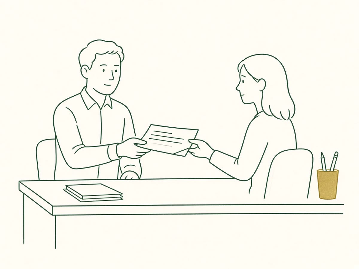 Line drawing of a CPA handing a finished tax return across a desk.