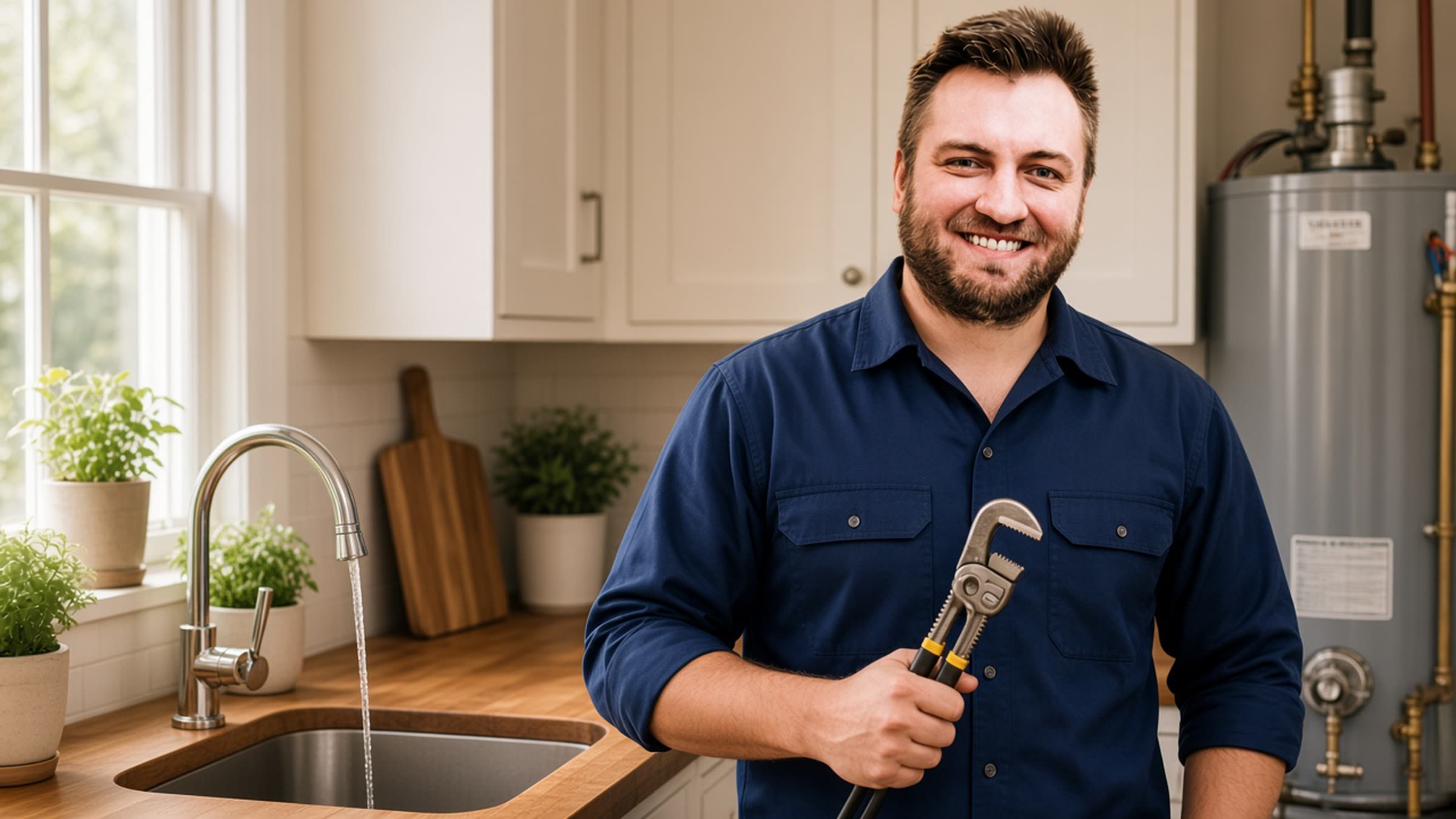 A plumber beside a closed water heater in a Mar Vista home, smiling toward camera.
