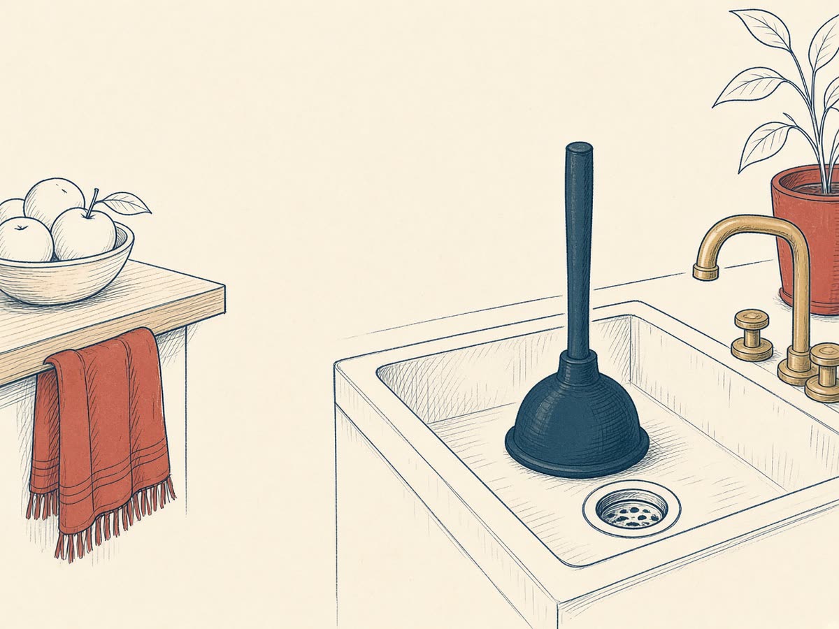 Line drawing of a plunger clearing a sink drain.