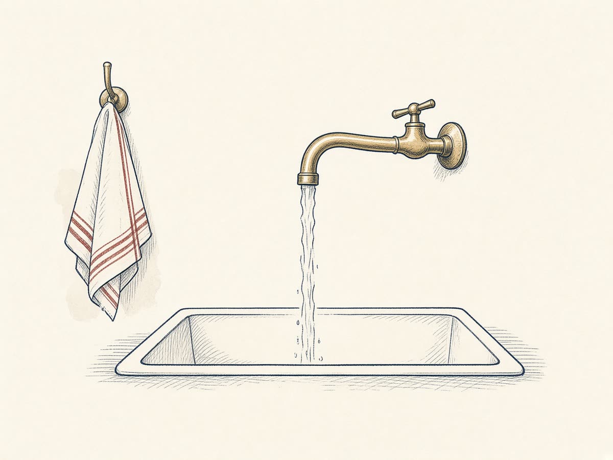 Line drawing of a running brass faucet over a sink.