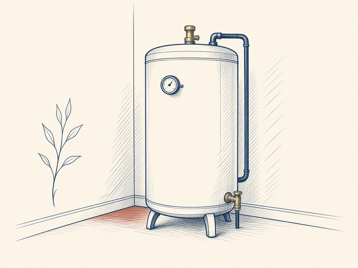 Line drawing of a closed water heater tank with a gauge.