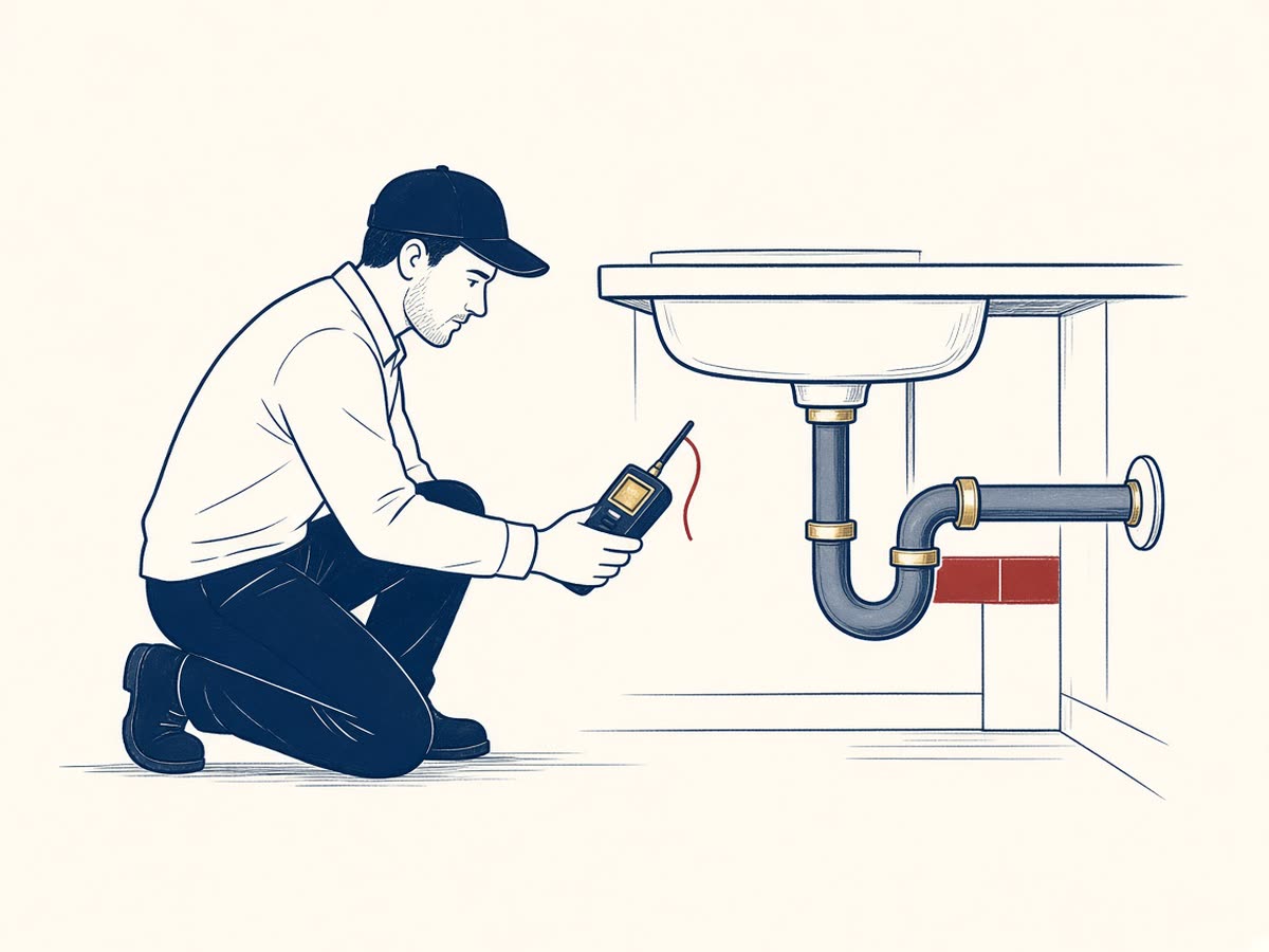 Line drawing of a technician holding a leak detector beside intact pipe.