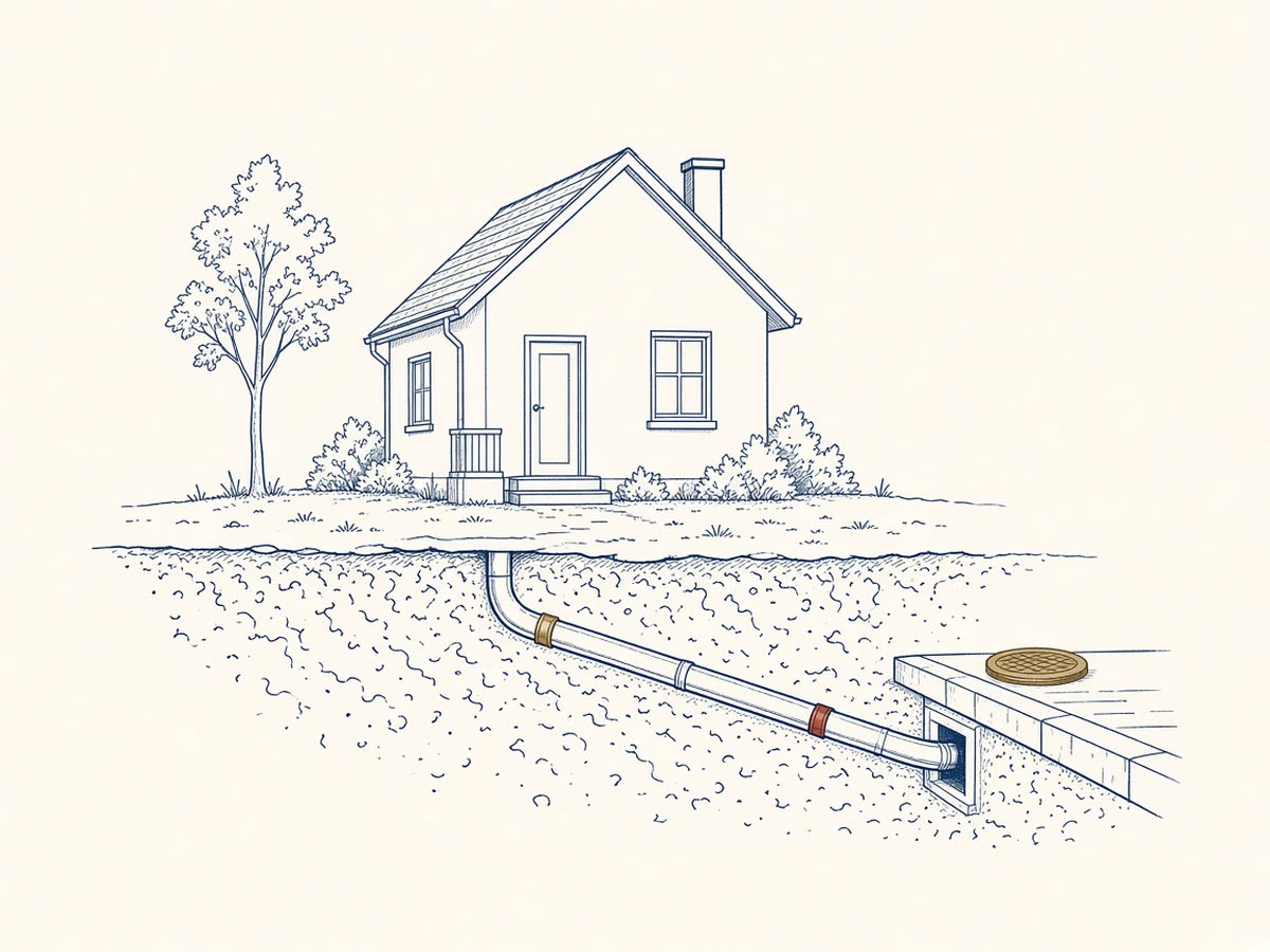 Line drawing of a house with an underground sewer line.