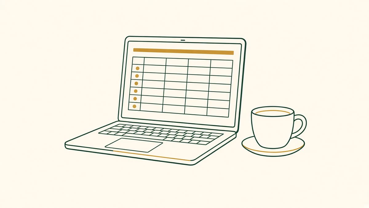 Line illustration of a CPA reconciling books and payroll on a laptop.