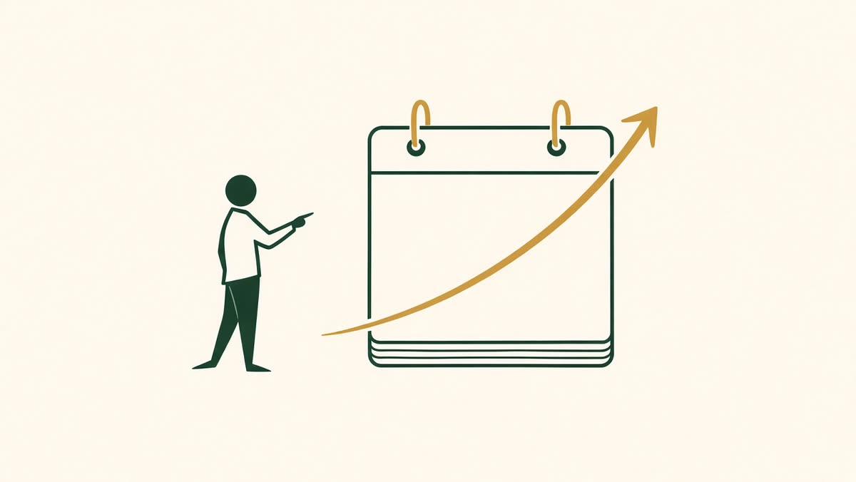 Line illustration of a CPA planning next year's taxes across a calendar.