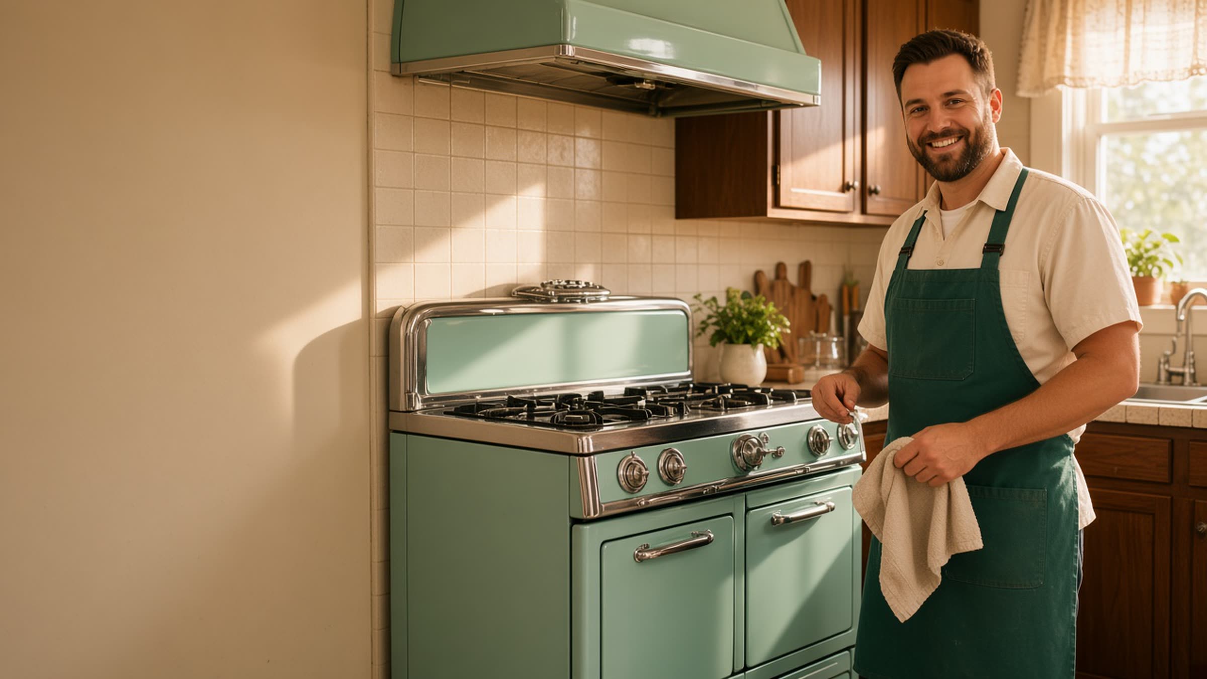 A repair specialist smiling beside a fully restored vintage gas range in a warm kitchen.