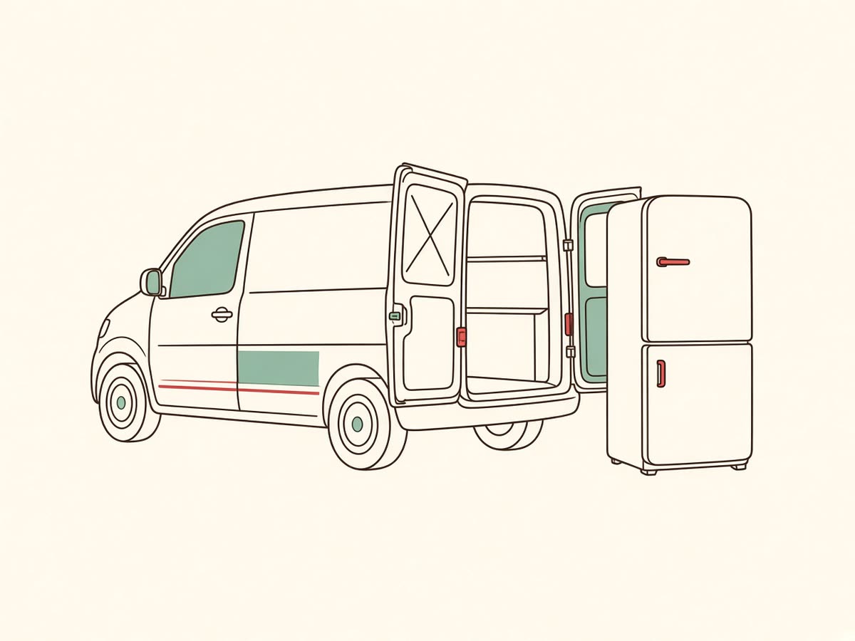 Line drawing of a delivery van with a refrigerator.