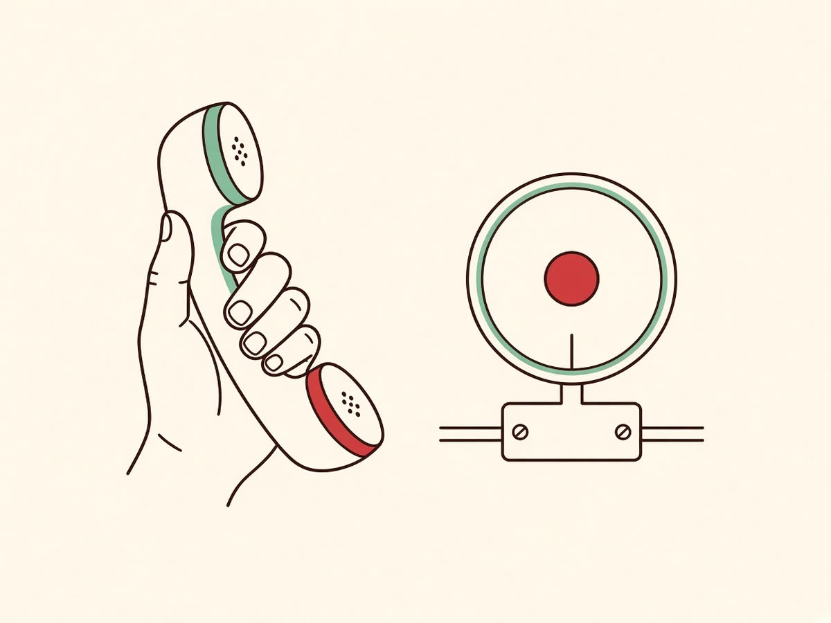 Line drawing of a hand holding a phone beside a stove knob.