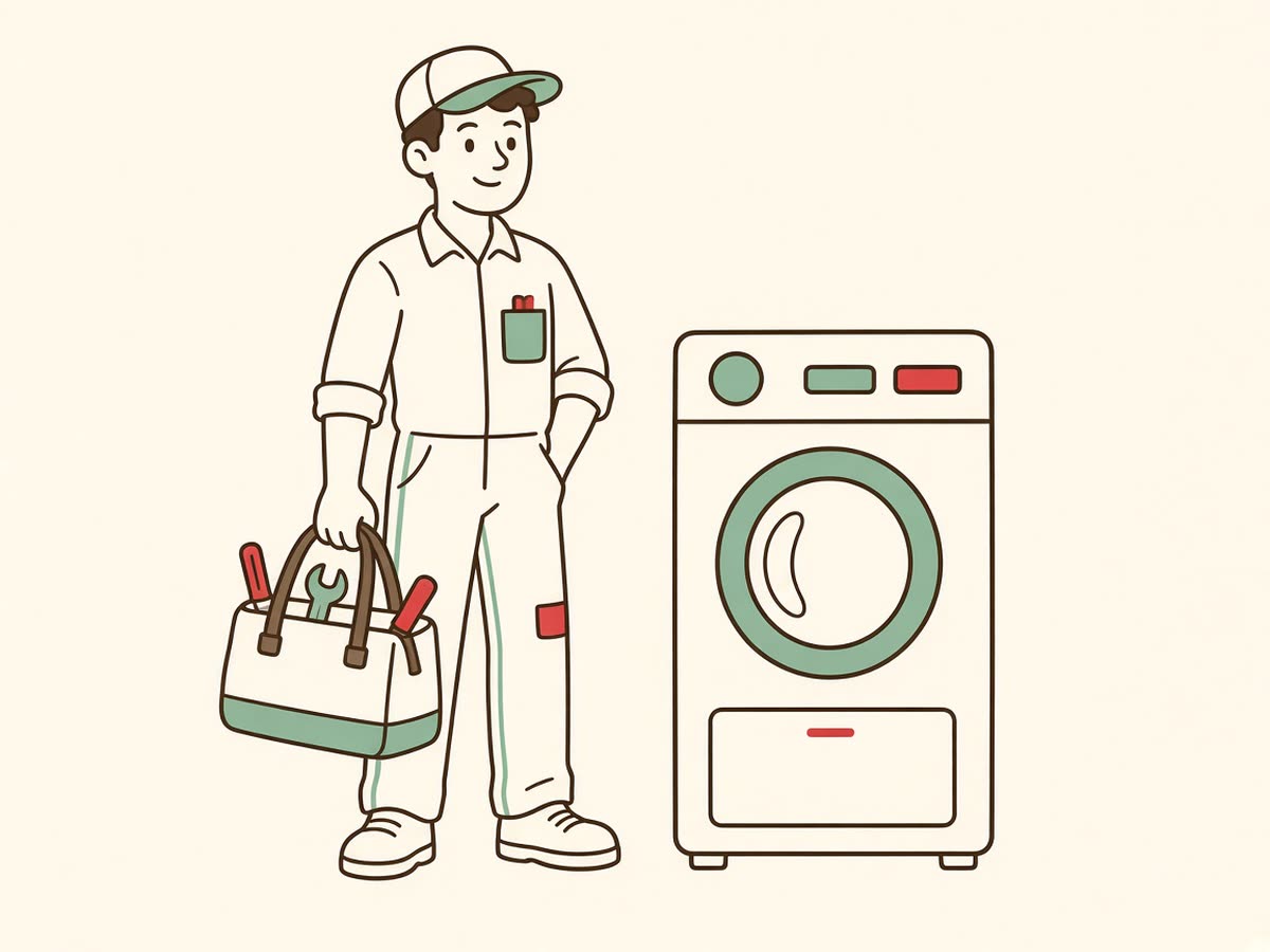 Line drawing of a technician with a tool bag at a washing machine.