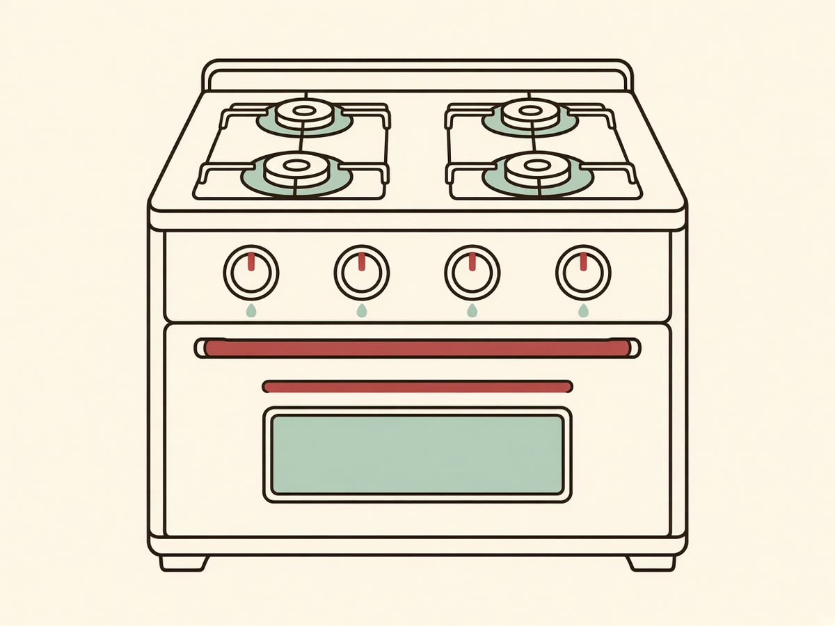 Line drawing of a classic gas stove with clean simple shapes.